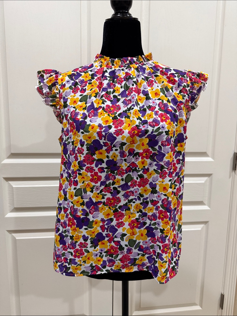 Floral Ruffle Cap-Sleeve Blouse in White with Yellow, Purple & Pink